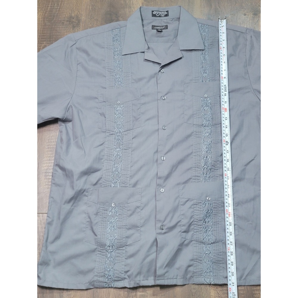 Omega Italy Mens Grey Guayabera Short Sleeve Embroidered 4-Pocket XL 17-17.5